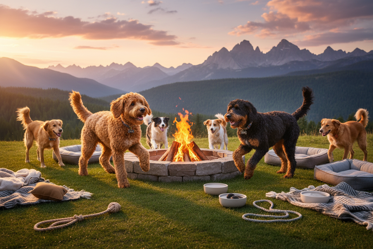 Sunny and Bear who are Rottweiler/Doodle dogs are running around happy with other dogs surrounded by a firepit and beautiful mountains